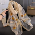 Detailed embroidery of champagne silk scarf with tulip floral patterns and sequins - Beige