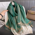 Elegant dark green silk-like scarf with gold lurex stripes and metallic finish - Green