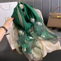 Elegant emerald green silk blend scarf with floral embroidery and white pearl accents - Green