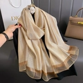 Elegant beige silk-like scarf with metallic gold and brown stripes for women - Beige Khaki