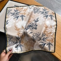 Vintage floral silk square scarf with peony print and blue border on wooden surface - 53*53cm / Beige Peony (ZS-408-Black Border)
