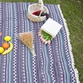 Bohemian purple geometric picnic blanket with white fringe on green grass meadow - 100x150 / Purple Blue