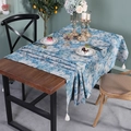 Elegant blue floral table runner with white pom-pom tassels for home dining decor - 140*260cm / Blue Floral with Four Corner Tassels
