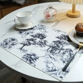 Blue Toile de Jouy linen placemat on marble table featuring a French rural landscape pattern - 39*29cm / Black