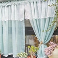 Cortina de café azul claro con encaje blanco y pompones para decoración del hogar - 150cmx60cm / Verde Menta Empalmado Encaje Blanco
