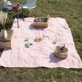 Pink and white checkered picnic mat with fringe edges on a green lawn outdoors - 150*240 / Pink Printed Plaid