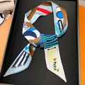 French style skinny silk scarf with geometric Paris print for handbags and hair styling - Blue