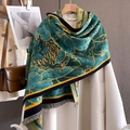 Scialle effetto cashmere verde scuro con motivi gialli e frange su cappotto bianco - 60*180cm / Verde Scuro (YH-53)