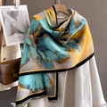 Thick warm cashmere-like shawl with abstract floral prints and elegant tassel edges - 60*180cm / Aqua Blue Yellow (YH-56)