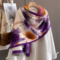 Sciarpa invernale spessa in finto cashmere con stampa floreale astratta e frange sottili - 60*180cm/430g / Viola di Riso (Floreale Viola Arancione)