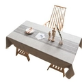 Rectangle beige linen tablecloth with dark grey stripes and decorative fringe edges - Gray Tri-Stripe