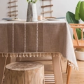 Linen textured natural beige tablecloth with dark vertical stripes and beige tassels - Khaki Tri-Stripe