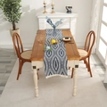 Modern Nordic blue chenille table runner with white geometric leaf patterns and tassels - 35*140cm / Blue Forest Fringe
