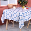Modern white cotton linen tablecloth with blue and grey geometric patterns - Blue Hexagon Geometric