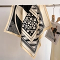 Close-up of elegant square silk scarf featuring vintage geometric patterns and floral motifs - 68x68cm / Beige Black (FW-27)