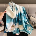 Elegant silk-like scarf with lotus print in blue and white for women's daily accessory - 90*180cm / Beige Blue