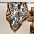 Close-up of Toile de Jouy silk scarf with jungle animal print and striped border - 68x68cm / Orange Black