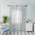 Blue floral curtains with bird pattern in French country style on black metal rod - 140*80cm / Little Blue Pumpkin