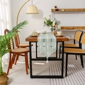 Solid color woven table runner in light green with white wavy stripes and tassels - Green Striped