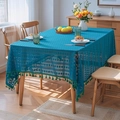 Lace crochet light blue tablecloth with green tassel fringe on wooden dining table - With Tassels / 150*260 / Navy Blue