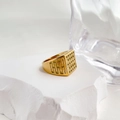 Macro detail of golden square signet ring with geometric grid texture on stone base - US Size 6 / Gold Gold Face