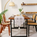 Bohemian striped table runner in taupe with white geometric patterns and tassels - Small Size / Striped Pink