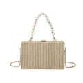 Beige woven box bag featuring elegant faux pearl handle and gold chain strap - Khaki