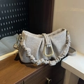 Chic grey ruched texture shoulder bag with stylish scrunchie strap and gold D-ring buckle - Light Gray