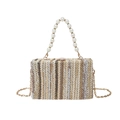 Colorful woven straw square bag with striped pattern and pearl bead handle for summer - Brown