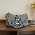 Grey denim pleated hobo bag with cloud strap and large golden metal buckle - Dark Gray