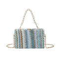 Chic woven straw box bag with colorful zigzag patterns and a faux pearl handle strap - Blue