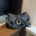 Dark grey pleated cloud bag with textured leather and gold D-ring buckle detail - Black