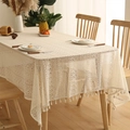 Detail of bohemian beige crochet lace tablecloth with elegant cotton fringe tassels - 150*180 / Beige Small Dots