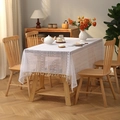 White hollow lace tablecloth with cotton linen texture and fringe tassels on dining table - 150*100CM / White Small Polka Dots