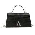 Chic black crocodile embossed leather handbag with silver V-shaped buckle and chain strap - V-Buckle Black Style / Black