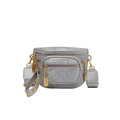 Silbergraue Brusttasche mit Schlangenmuster, Reißverschlussfächern und Goldbeschlägen - Silber