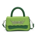 Green color-block crossbody box bag with wavy flap and silver liquid metal hardware - Green