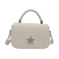 Elegant oatmeal beige woven handbag featuring a sparkling rhinestone star emblem with silver hardware - White