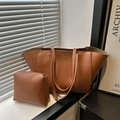 Ensemble sac cabas aile en cuir marron avec pochette assortie pour femme - Marron