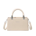 Bolso beige crema con textura de lichi, logo plateado y asas redondeadas - Blanco Roto