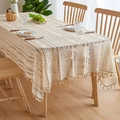 Macro detail of beige bohemian lace tablecloth with geometric patterns and handmade tassels - 150*100cm / Beige Stripe
