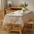 Elegant cream white lace tablecloth with floral patterns and tassel edges for dining tables - 140*260cm / Bird and Flower