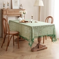 Light green hollow lace tablecloth with dark green tassels on a wooden dining table - 150*260cm / Vintage Green