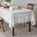 White crochet lace tablecloth with hollow floral patterns and elegant cream tassels - 150*260cm / Retro White