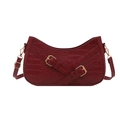 Dark red faux crocodile leather crescent bag with decorative double cross belts and gold buckles - Red