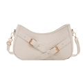 White croco-embossed half-moon crossbody bag with gold buckles and dual strap detail - White