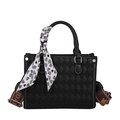 Black quilted tote bag with silk scarf and vintage monogrammed wide shoulder strap - Black