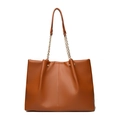 Brown soft PU leather tote bag with vertical stitching and gold chain shoulder strap - Yellow Brown