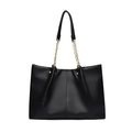 Minimalist black PU leather tote bag featuring stylish dual chain handles for women - Black