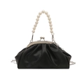 Black pleated cloud bag with pearl handle and silver chain strap for women - Black